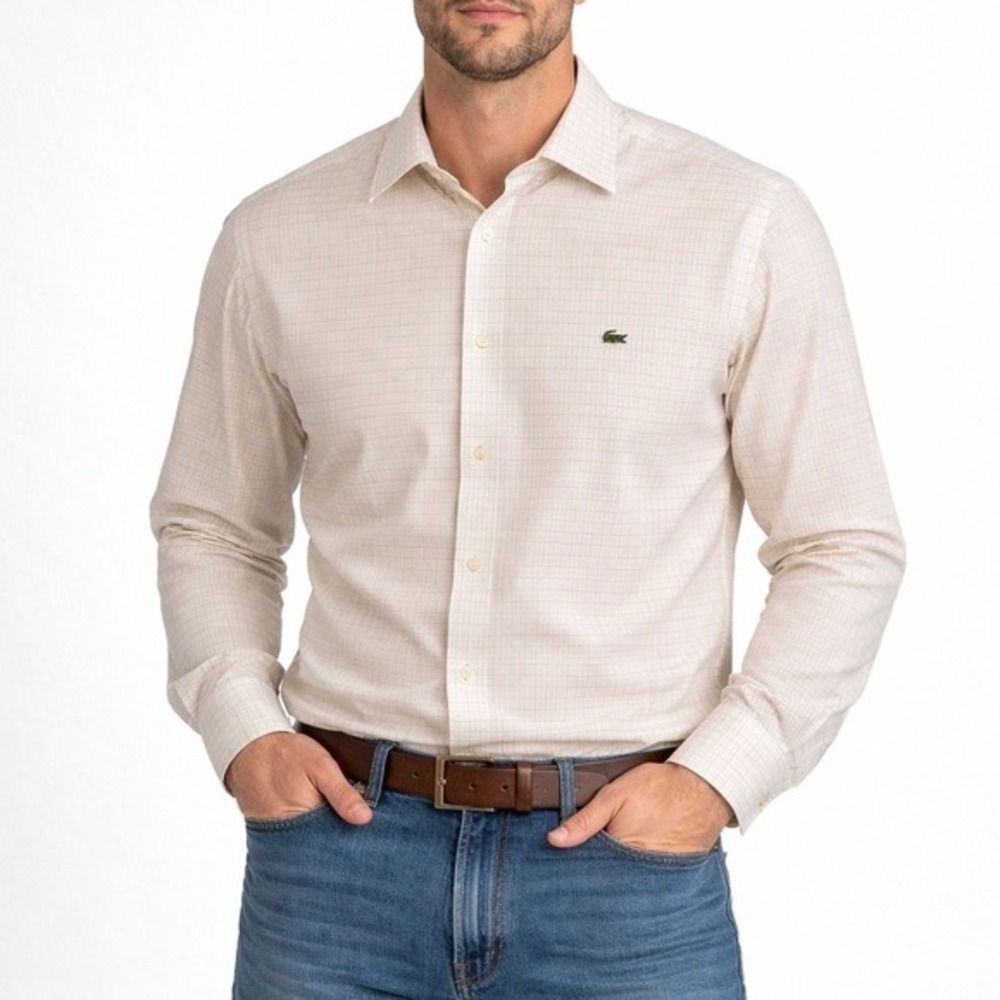 Lacoste‎ Mens Windowpane Check Button Down Shirt Cream Tan Size 44 XL Logo